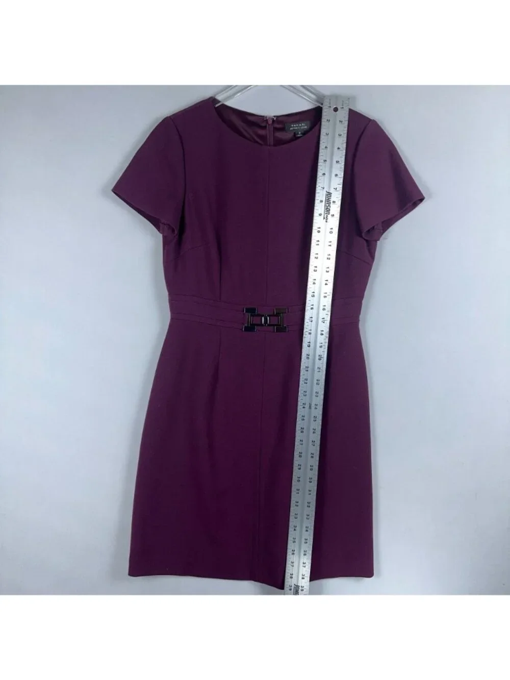 Tahari Arthur S. Levine Sheath Dress Women Size 8 Purple Short Sleeve Belted - Picture 7 of 12